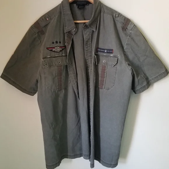 Harley Davidson Gray Embroidered Patched Military Style Button Shirt  Motorcycle - Picture 3 of 7